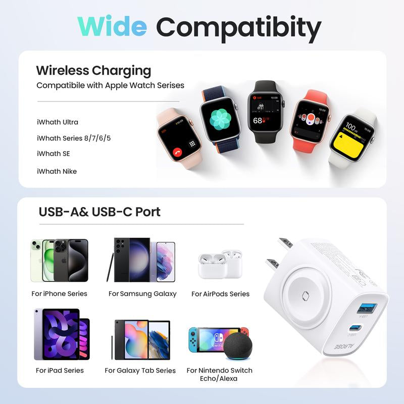 3-In-1 Portable USB C Fast Charger, Magnetic Wireless Charger for Apple Watch, Compatible Charging Block with Iwatch Ultra/9/8/7/6, Iphone 17/16/15 Pro Max, Ipad, and Galaxy Series