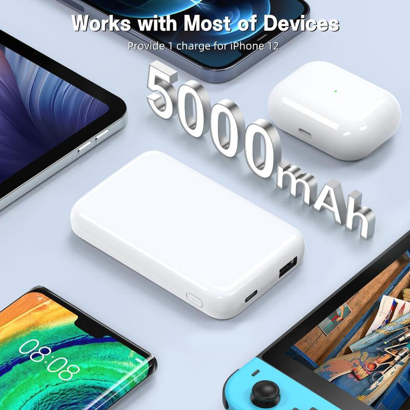 Magnetic Wireless Power Bank 5000Mah - Portable Charger with Type-C Cable, Fast Charging, and Lighting Input for Iphone 16/15/14/13/12 Series - Chargeable, Smartphone Smartphone Chargeable