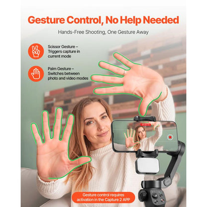 VEVOR Gimbal Stabilizer for Smartphone, 3-Axis Stabilization, Phone Gimbal for Android & Iphone with Magnetic Fill Light, Face Tracking, Gesture Control, Phone Stabilizer for Video Recording Vlogging