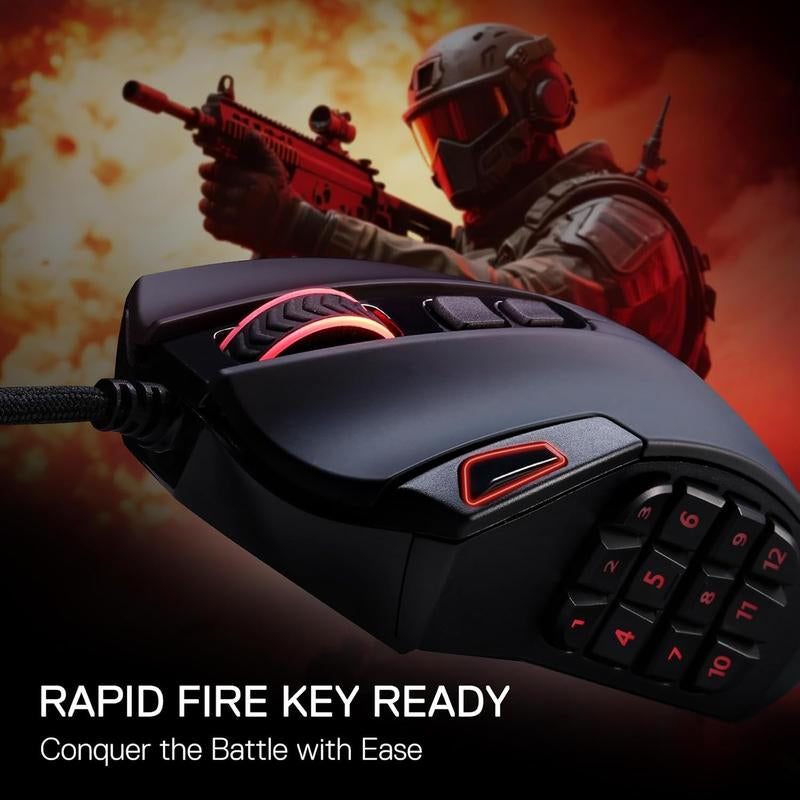 Redragon M921 MMO Gaming Mouse, 12400 DPI High Precision Wired RGB Mice W/18 Programmable Buttons, 12 Side Macro Keys, Software Supports for PC Laptop