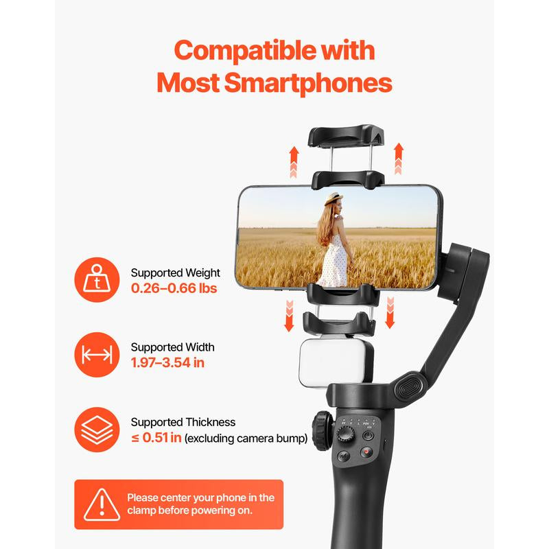 VEVOR Gimbal Stabilizer for Smartphone, 3-Axis Stabilization, Phone Gimbal for Android & Iphone with Magnetic Fill Light, Face Tracking, Gesture Control, Phone Stabilizer for Video Recording Vlogging