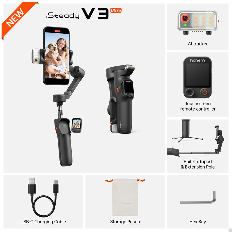 Hohem Isteady V3 Ultra NEW Gimbal,Detachable Touchscreen Remote,Advanced AI Tracking with Any App,360° Infinite Pan Tracking,Select People&Obeject on Touchscreen to Track,3-Color Fill Light,3-Axis Stabilization