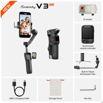 Hohem Isteady V3 Ultra NEW Gimbal,Detachable Touchscreen Remote,Advanced AI Tracking with Any App,360° Infinite Pan Tracking,Select People&Obeject on Touchscreen to Track,3-Color Fill Light,3-Axis Stabilization